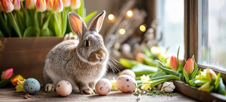 An intimate Easter scene inside a home featuring a fluffy bunny, painted Easter eggs, and a crate of fresh tulips near a window with warm light.