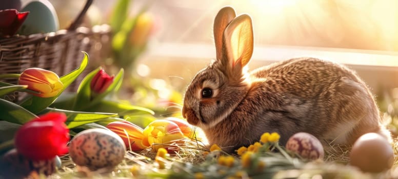 A serene Easter bunny sits amidst a scattering of vibrant Easter eggs and fresh tulips, bathed in the soft glow of sunrise