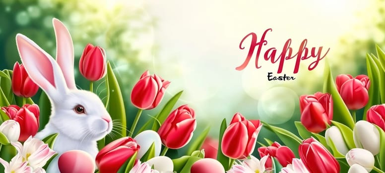 A vibrant Easter banner featuring an illustrated white bunny nestled among a field of red tulips, with a bright "Happy Easter" message.