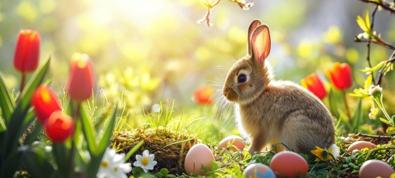 A charming bunny enjoys the beauty of a sun-drenched flower garden, surrounded by Easter eggs and blooming tulips.