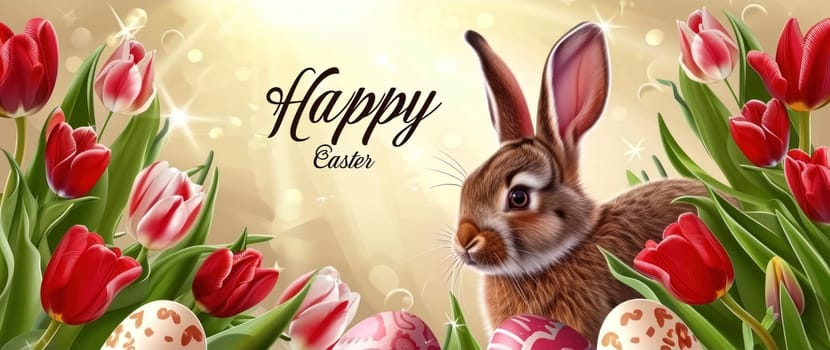 A festive Easter banner depicting a lifelike bunny with a backdrop of radiant red tulips and intricately decorated eggs, embodying the joy of the holiday.
