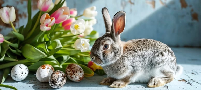 A domestic rabbit sits beside speckled Easter eggs and a bouquet of soft pink and white tulips on an aged wooden table, creating a rustic Easter vignette.