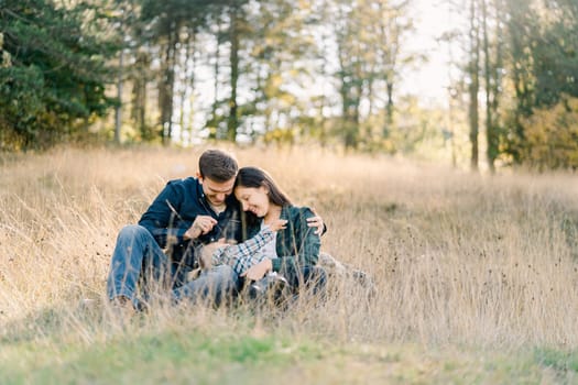 Dad tickles a little girl lying on his and mom knees with a blade of grass. High quality photo