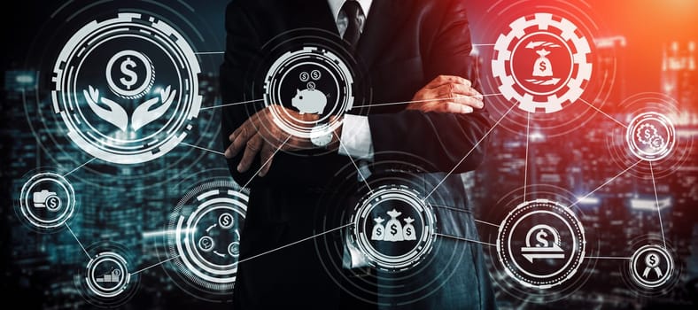 Finance and Money Transaction Technology Concept. Icon Graphic interface showing fintech trade exchange, profit statistics analysis and market analyst service in modern computer application.