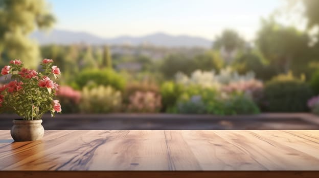 Vase of pink flowers on a wooden table overlooking a mountainous landscape at sunrise. Place for your product