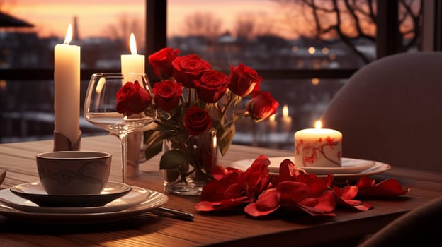 Intimate dinner table with lit candles, red roses, and elegant tableware against a dusky sky.