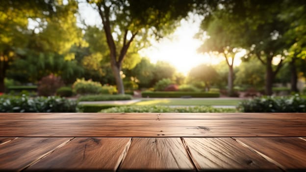 Evening sun casting warm light over a polished empty wooden surface with a blurred lush garden background. Place for your product