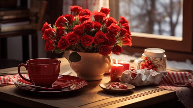 dining table with a cup, lighted candles, red roses in a ceramic vase.