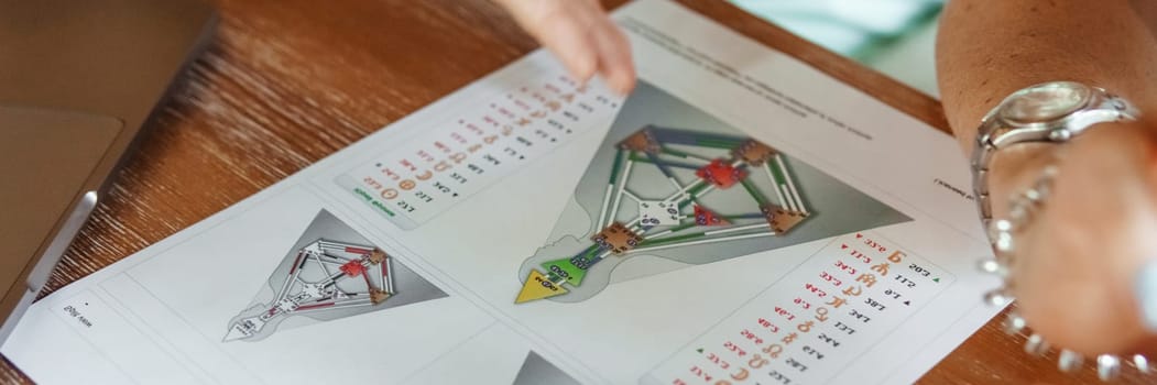 Tver, Russia - August 2, 2021. A woman in a cafe at a table is studying the design of a person. The concept of studying esoteric sciences. A bodigraph or a map of a person on an A4 sheet