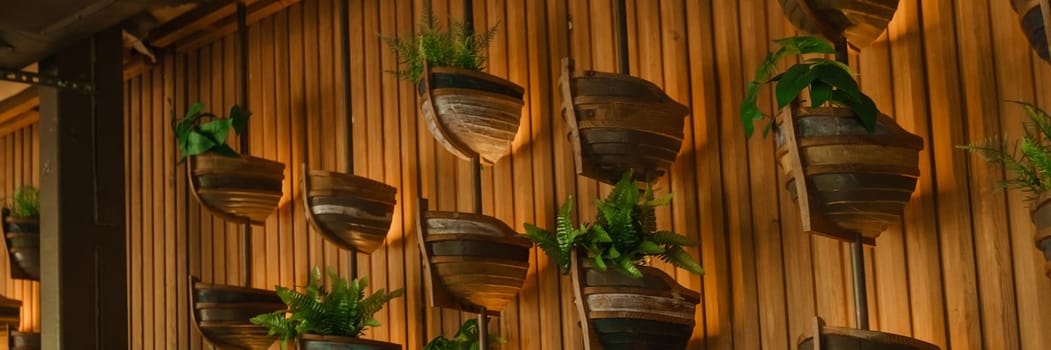 Cafe interior with elements of biophilic design. The concept of biophilia.