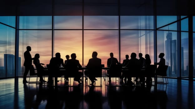 Silhouettes of group of business people against sunset comeliness