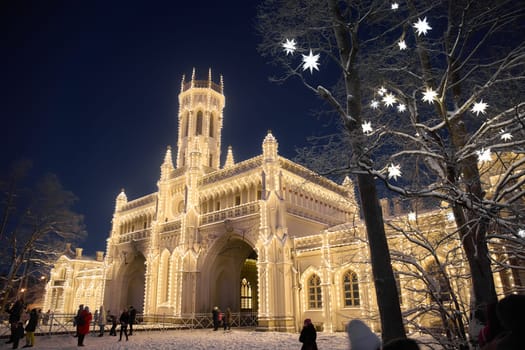 Russia, Peterhof, St.Petersburg, 07 January 2024: Magical illumination of the building of the New Peterhof railway station near St. Petersburg on a winter evening, Christmas decorations on trees. High quality photo