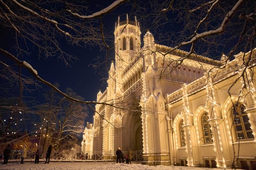 Russia, Peterhof, St.Petersburg, 07 January 2024: Magical illumination of the building of the New Peterhof railway station near St. Petersburg on a winter evening, Christmas decorations on trees. High quality photo