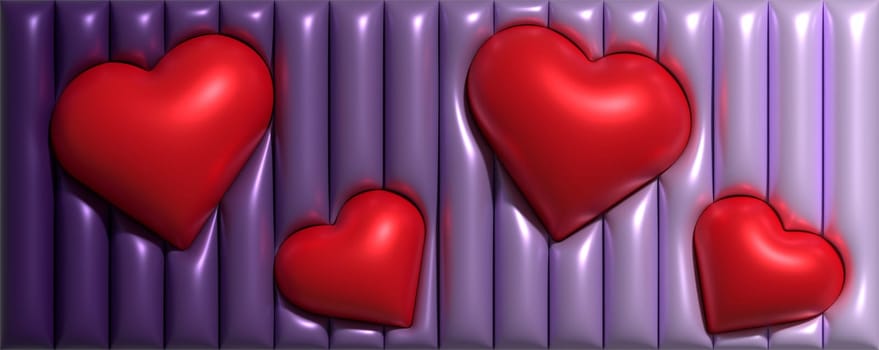 Red hearts on a purple background of inflated stripes, 3D rendering illustration
