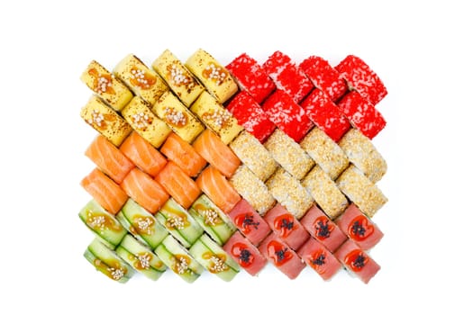 fresh appetizing large set of rolls on a white background for a food delivery site