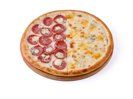 fresh appetizing pizza with sausage and cheese on a white background for food delivery website