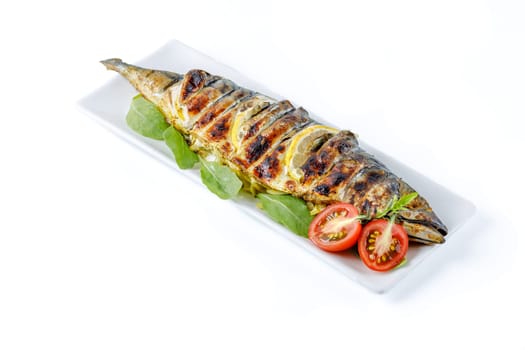 fresh appetizing fried mackerel on white background for food delivery website