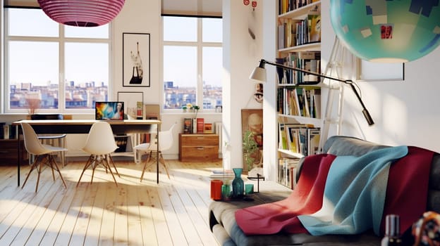 Bright and inviting home office space with large windows and bookshelf overlooking the city - Generative AI