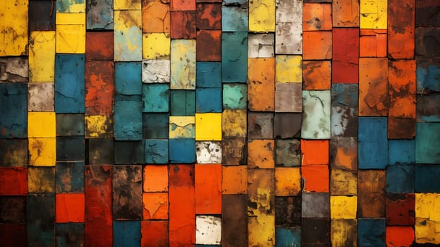 A vibrant wall of distressed, multicolored metal squares with a rustic texture - Generative AI