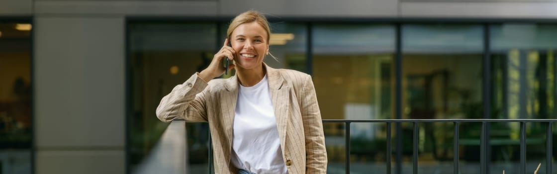 Smiling female manager talking phone standing on modern office building background