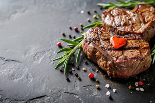 grilled beef steak for valentines day pragma in black background