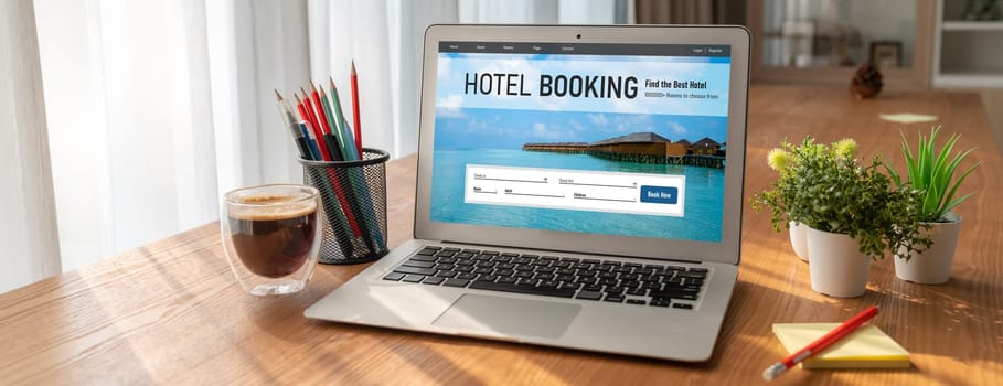 Online hotel accommodation booking website provide modish reservation system . Travel technology concept .