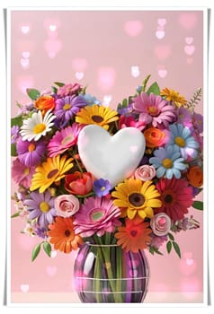 Colorful bouquet of flowers in a vase on background.Bouquet of colorful flowers in a vase with a heart.Bouquet of colorful flowers with a heart on a background.Bouquet of colorful flowers with heart shaped frame on background.Valentines day card.