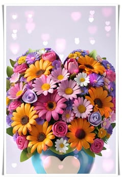 Colorful bouquet of flowers in a vase on background.Bouquet of colorful flowers in a vase with a heart.Bouquet of colorful flowers with a heart on a background.Bouquet of colorful flowers with heart shaped frame on background.Valentines day card.