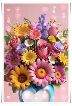 Colorful bouquet of flowers in a vase on background.Bouquet of colorful flowers in a vase with a heart.Bouquet of colorful flowers with a heart on a background.Bouquet of colorful flowers with heart shaped frame on background.Valentines day card.