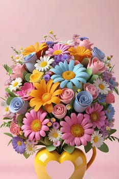 Colorful bouquet of flowers in a vase on background.Bouquet of colorful flowers in a vase with a heart.Bouquet of colorful flowers with a heart on a background.Bouquet of colorful flowers with heart shaped frame on background.Valentines day card.