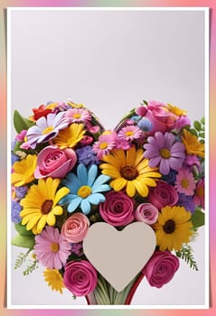 Colorful bouquet of flowers in a vase on background.Bouquet of colorful flowers in a vase with a heart.Bouquet of colorful flowers with a heart on a background.Bouquet of colorful flowers with heart shaped frame on background.Valentines day card.