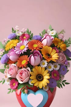 Colorful bouquet of flowers in a vase on background.Bouquet of colorful flowers in a vase with a heart.Bouquet of colorful flowers with a heart on a background.Bouquet of colorful flowers with heart shaped frame on background.Valentines day card.