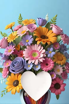 Colorful bouquet of flowers in a vase on background.Bouquet of colorful flowers in a vase with a heart.Bouquet of colorful flowers with a heart on a background.Bouquet of colorful flowers with heart shaped frame on background.Valentines day card.