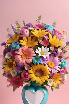 Colorful bouquet of flowers in a vase on background.Bouquet of colorful flowers in a vase with a heart.Bouquet of colorful flowers with a heart on a background.Bouquet of colorful flowers with heart shaped frame on background.Valentines day card.