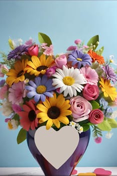 Colorful bouquet of flowers in a vase on background.Bouquet of colorful flowers in a vase with a heart.Bouquet of colorful flowers with a heart on a background.Bouquet of colorful flowers with heart shaped frame on background.Valentines day card.