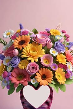 Colorful bouquet of flowers in a vase on background.Bouquet of colorful flowers in a vase with a heart.Bouquet of colorful flowers with a heart on a background.Bouquet of colorful flowers with heart shaped frame on background.Valentines day card.