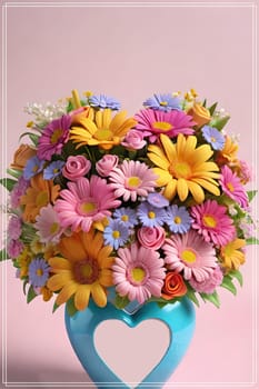 Colorful bouquet of flowers in a vase on background.Bouquet of colorful flowers in a vase with a heart.Bouquet of colorful flowers with a heart on a background.Bouquet of colorful flowers with heart shaped frame on background.Valentines day card.