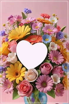 Colorful bouquet of flowers in a vase on background.Bouquet of colorful flowers in a vase with a heart.Bouquet of colorful flowers with a heart on a background.Bouquet of colorful flowers with heart shaped frame on background.Valentines day card.