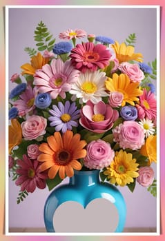 Colorful bouquet of flowers in a vase on background.Bouquet of colorful flowers in a vase with a heart.Bouquet of colorful flowers with a heart on a background.Bouquet of colorful flowers with heart shaped frame on background.Valentines day card.