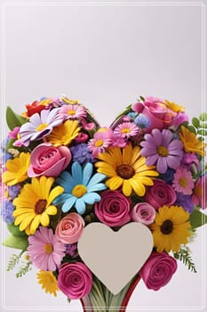 Colorful bouquet of flowers in a vase on background.Bouquet of colorful flowers in a vase with a heart.Bouquet of colorful flowers with a heart on a background.Bouquet of colorful flowers with heart shaped frame on background.Valentines day card.