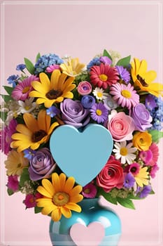 Colorful bouquet of flowers in a vase on background.Bouquet of colorful flowers in a vase with a heart.Bouquet of colorful flowers with a heart on a background.Bouquet of colorful flowers with heart shaped frame on background.Valentines day card.