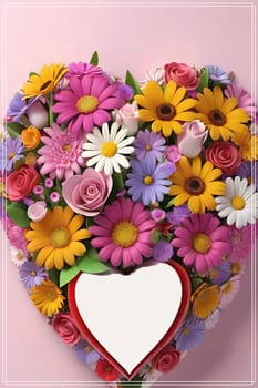 Colorful bouquet of flowers in a vase on background.Bouquet of colorful flowers in a vase with a heart.Bouquet of colorful flowers with a heart on a background.Bouquet of colorful flowers with heart shaped frame on background.Valentines day card.