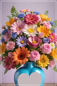 Colorful bouquet of flowers in a vase on background.Bouquet of colorful flowers in a vase with a heart.Bouquet of colorful flowers with a heart on a background.Bouquet of colorful flowers with heart shaped frame on background.Valentines day card.