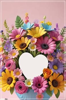 Colorful bouquet of flowers in a vase on background.Bouquet of colorful flowers in a vase with a heart.Bouquet of colorful flowers with a heart on a background.Bouquet of colorful flowers with heart shaped frame on background.Valentines day card.