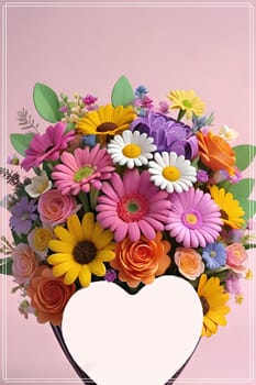 Colorful bouquet of flowers in a vase on background.Bouquet of colorful flowers in a vase with a heart.Bouquet of colorful flowers with a heart on a background.Bouquet of colorful flowers with heart shaped frame on background.Valentines day card.