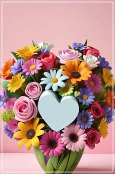 Colorful bouquet of flowers in a vase on background.Bouquet of colorful flowers in a vase with a heart.Bouquet of colorful flowers with a heart on a background.Bouquet of colorful flowers with heart shaped frame on background.Valentines day card.