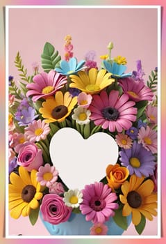 Colorful bouquet of flowers in a vase on background.Bouquet of colorful flowers in a vase with a heart.Bouquet of colorful flowers with a heart on a background.Bouquet of colorful flowers with heart shaped frame on background.Valentines day card.