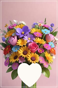 Colorful bouquet of flowers in a vase on background.Bouquet of colorful flowers in a vase with a heart.Bouquet of colorful flowers with a heart on a background.Bouquet of colorful flowers with heart shaped frame on background.Valentines day card.