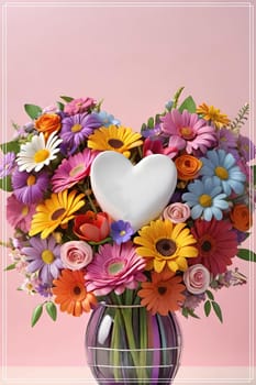 Colorful bouquet of flowers in a vase on background.Bouquet of colorful flowers in a vase with a heart.Bouquet of colorful flowers with a heart on a background.Bouquet of colorful flowers with heart shaped frame on background.Valentines day card.