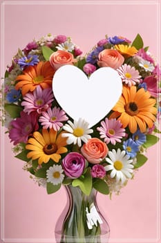 Colorful bouquet of flowers in a vase on background.Bouquet of colorful flowers in a vase with a heart.Bouquet of colorful flowers with a heart on a background.Bouquet of colorful flowers with heart shaped frame on background.Valentines day card.